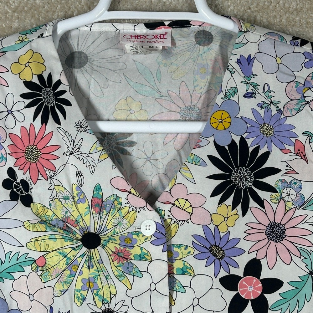 Cherokee Womens Y2K Boho Floral Button Front Scrub Top Multi Color XS 1913